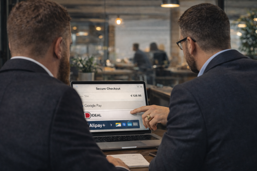 Two business professionals seen from behind reviewing an ecommerce checkout with Google Pay, iDEAL and Alipay+ during a client meeting.